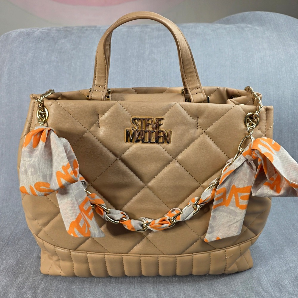 Steve Madden Quilted Tote Bag Womens‎ Large Tan Excellent Scarf Chain Detail